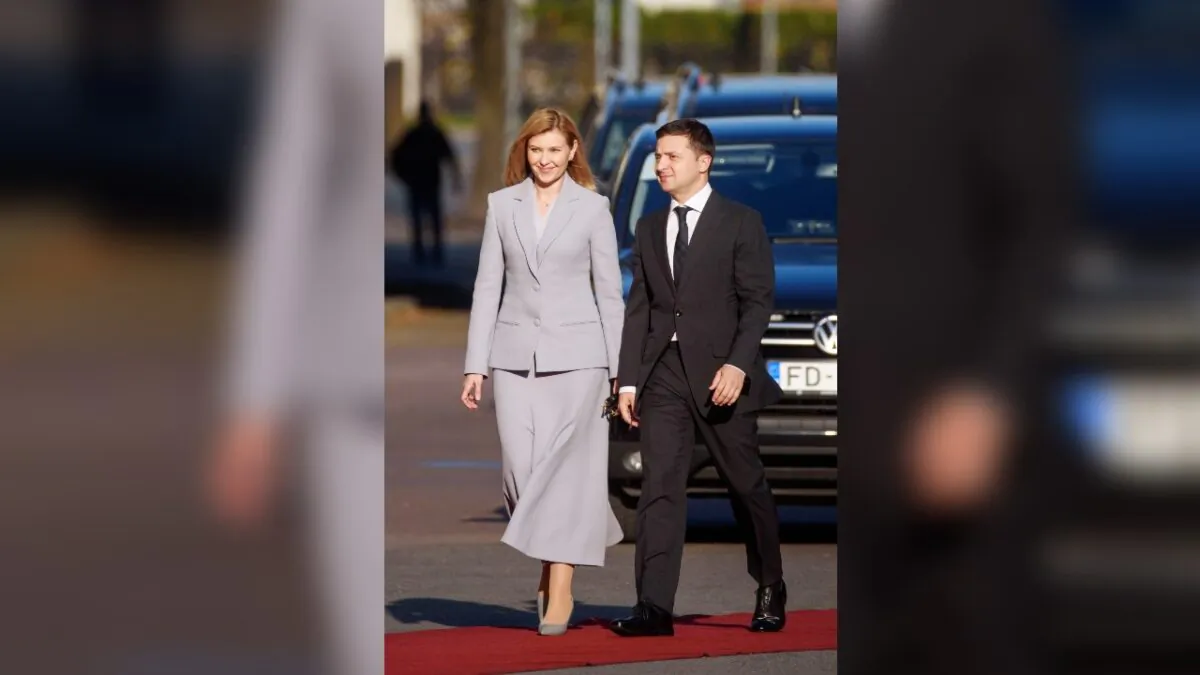 President of Ukraine Volodymyr Zelensky (R) and his wife, First Lady of Ukraine Olena Zelenska arrive to meet the President of Latvia at the Riga Castle square in Riga, Latvia, on Oct. 16, 2019. (Gints Ivuskans/AFP/Getty Images)