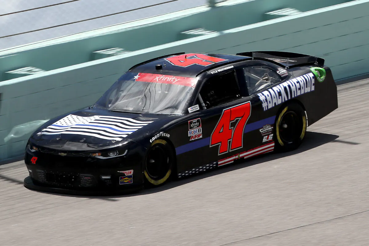 Kyle Weatherman, driver of the #47 Back the Blue Chevrolet, races during the NASCAR Xfinity Series Contender Boats 250 at Homestead-Miami Speedway in Homestead, Fla., on June 14, 2020. (Chris Graythen/Getty Images)