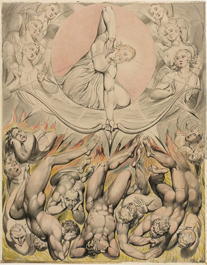 The top half of “The Casting of the Rebel Angels Into Hell,” from the Butts Set of Illustrations for “Paradise Lost,” 1808, by William Blake. Watercolor, illustration. Museum of Fine Arts, Boston. (Public Domain)