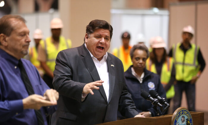 Illinois Gov. J.B. Pritzker speaks during a press conference at McCormick Place in Chicago, Ill., on April 3, 2020. (Chris Sweda-Pool via Getty Images)