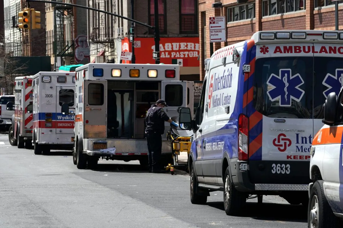 Ambulances are parked outside of Wyckoff Hospital in the Borough of Brooklyn on April 4, 2020 in New York. (Bryan R. Smith/AFP via Getty Images)