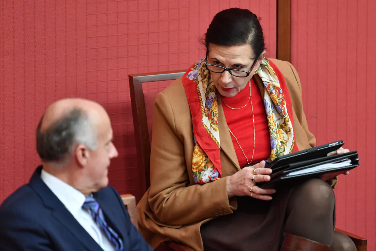 Liberal Senator Concetta Fierravanti-Wells (right) during Senate Business in the Senate at Parliament House on June 17, 2020 in Canberra, Australia. Fierravanti-Wells has called for Australia to slap tariffs on Chinese imports and consider seizing state-owned assets in retaliation for the CCP virus and has escalated her demands for Beijing to pay reparations for the deadly pandemic. (Sam Mooy/Getty Images)