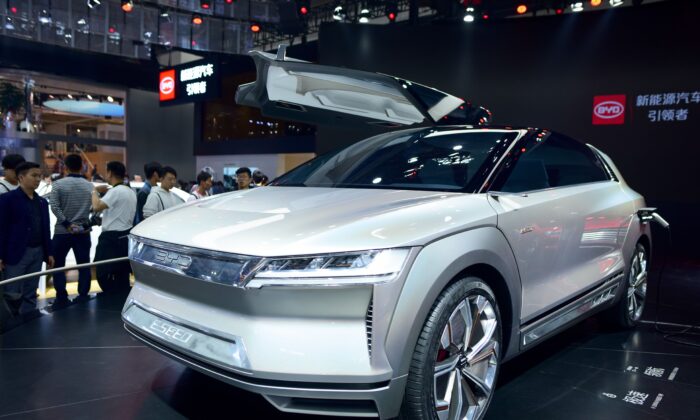 An electric concept car from Chinese vehicle manufacturer BYD on display at the Beijing Auto Show on April 26, 2018. (Wang Zhao/AFP via Getty Images)