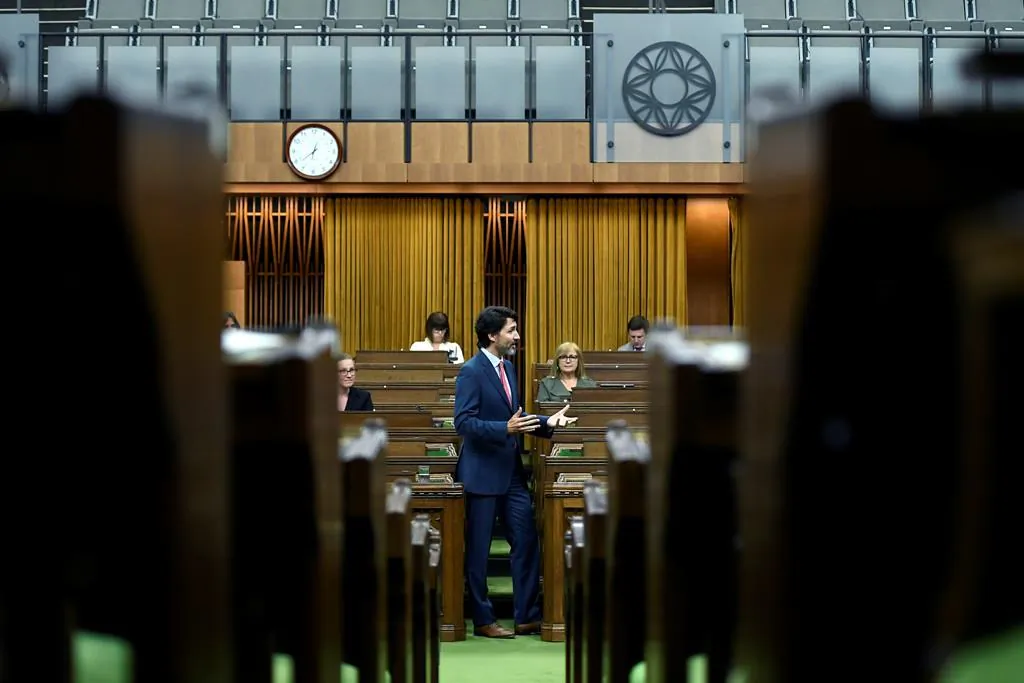 Prime Minister Justin Trudeau rises during a meeting of the Special Committee on the COVID-19 Pandemic in the House of Commons on Parliament Hill in Ottawa, on June 16, 2020. (Justin Tang/The Canadian Press)