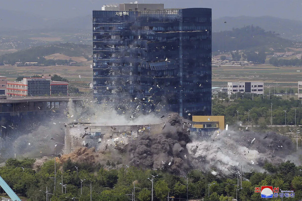 This photo provided by the North Korean government shows the demolition of an inter-Korean liaison office building in Kaesong, North Korea, on June 16, 2020. (Korean Central News Agency/Korea News Service via AP)