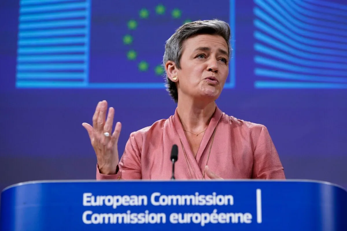 European Commissioner Executive Vice-President Margrethe Vestager talks during a video press conference at the EU headquarters in Brussels, on June 17, 2020. (Kenzo Tribouillard, Pool Photo via AP)
