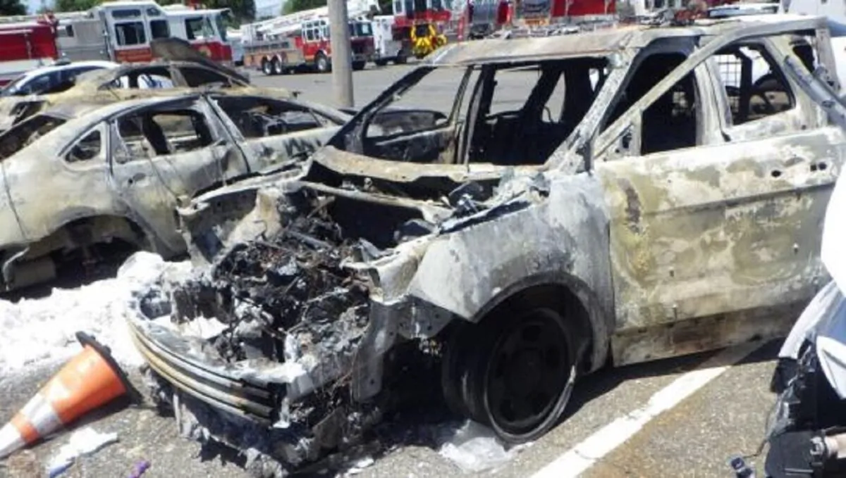 A police car that was torched during riots in Philadelphia, Penn., on May 30, 2020. (FBI)