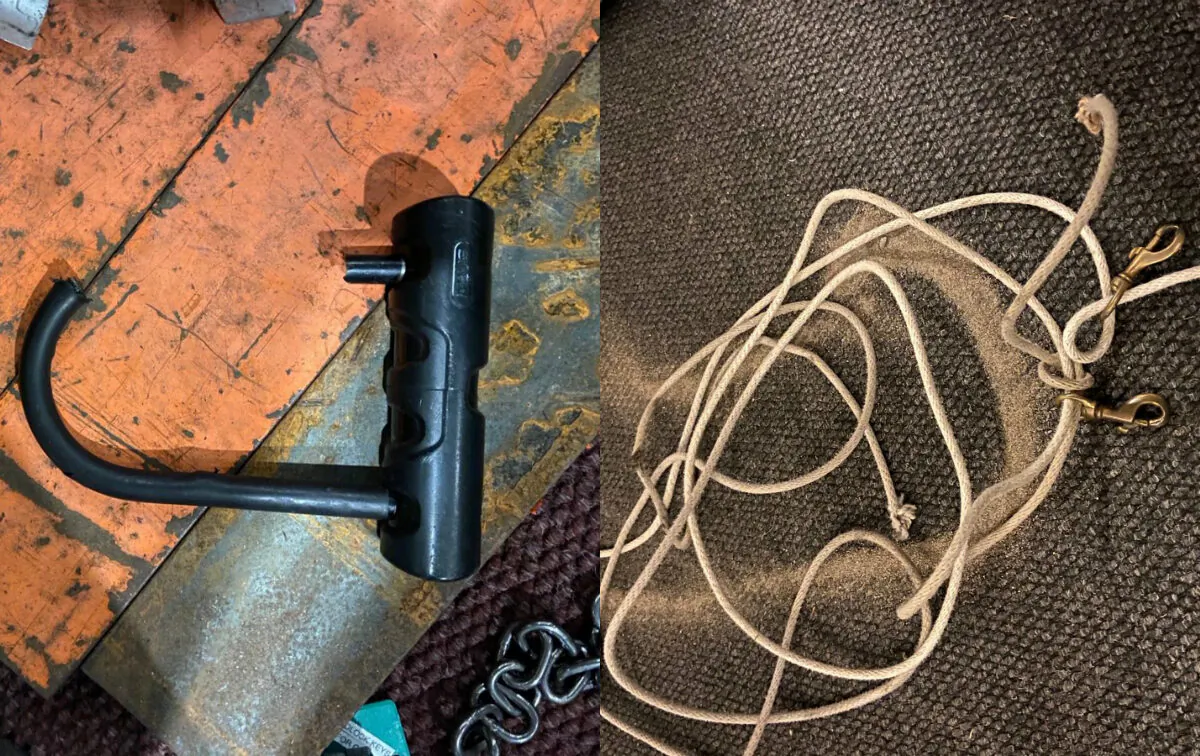 A bike lock, left, and a flag cord used to block exits from the Portland Police Bureau's Central Precinct on June 16, 2020. (Portland Police Bureau)