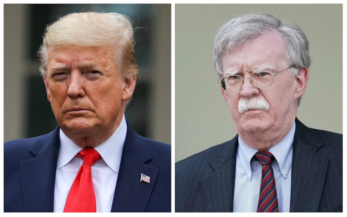 (L) President Donald Trump in the White House Rose Garden in Washington on March 13, 2020. (Charlotte Cuthbertson/The Epoch Times) (R) John Bolton outside of the White House West Wing in Washington on April 30, 2019. (Chip Somodevilla/Getty Images)