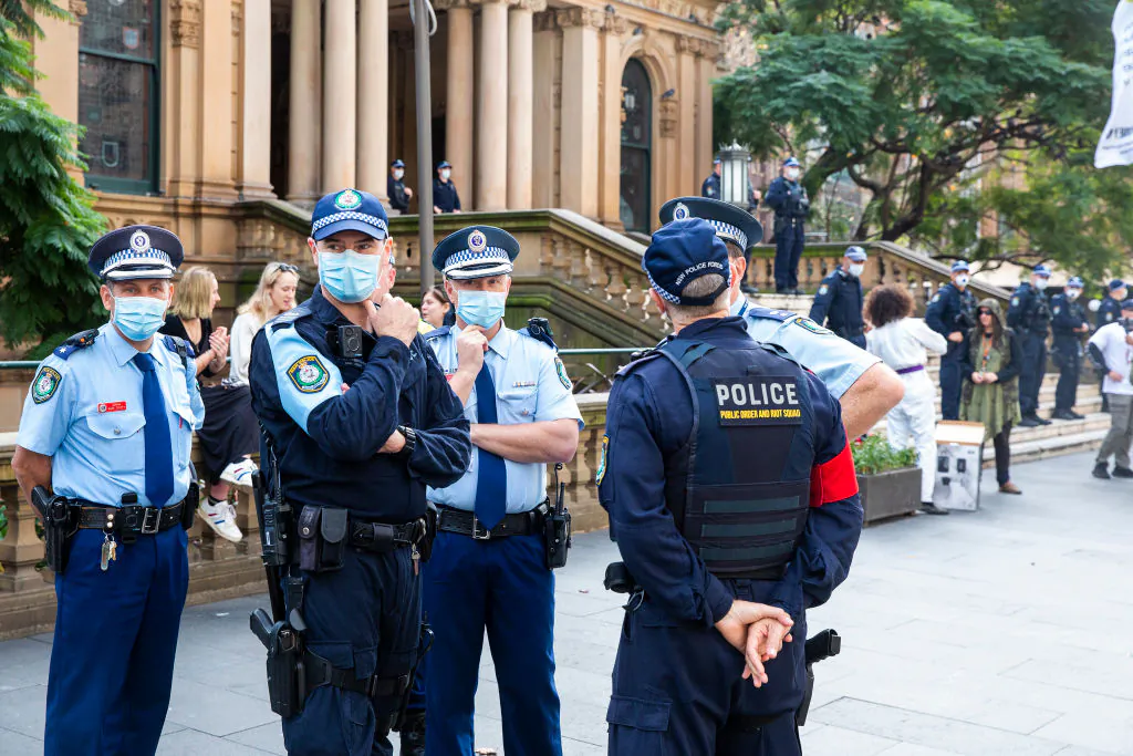 A police presence is seen on the steps of the Sydney Town Hall during a protest on June 13, 2020 in Sydney, Australia. (Jenny Evans/Getty Images)
