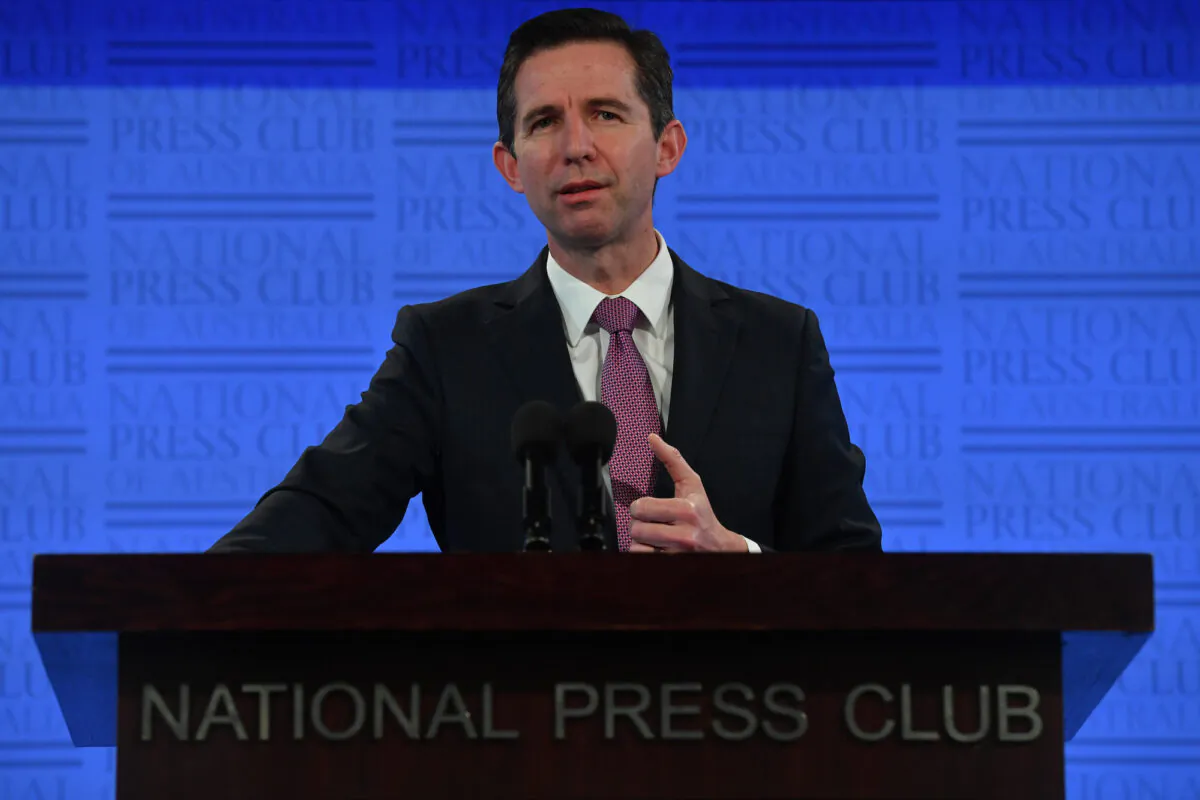 Minister for Trade, Tourism and Investment Simon Birmingham delivers his address to the National Press Club on June 17, 2020 in Canberra, Australia. (Sam Mooy/Getty Images)