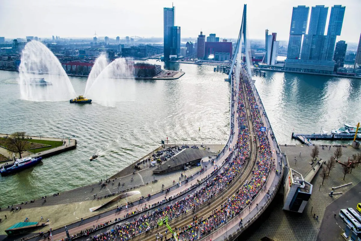 A view of the Erasmus bridge and the skyline in Rotterdam, Netherlands, on April 8, 2018. (ROBIN UTRECHT/AFP via Getty Images)