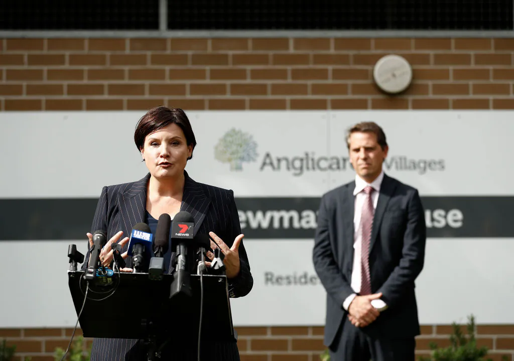 NSW Opposition Leader Jodi McKay speaks as NSW Shadow Health Minister Ryan Park looks on at Newmarch House during the COVID-19 pandemic on April 29, 2020 in Sydney, Australia. (Ryan Pierse/Getty Images)