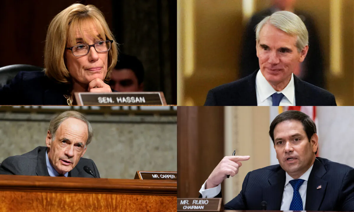 From Upper right, clockwise—1. Sen. Rob Portman (R-Ohio) walks to the Senate Chamber in Washington, on Jan. 27, 2020. (Joshua Roberts/Reuters) 2. Sen. Marco Rubio (R-Fla.) speaks during a Senate hearing in Washington, on June 10, 2020. (Al Drago/Reuters) 3. Sen. Tom Carper, (D-Del.), speaks at a Senate hearing in Washington, on June 17, 2020. (Anna Moneymaker/Reuters) 4. Sen. Maggie Hassan (D-N.H.) listens to testimony at the Senate Homeland Security and Governmental Affairs Committee in Washington, on May 23, 2019. (James Lawler Duggan/Reuters)