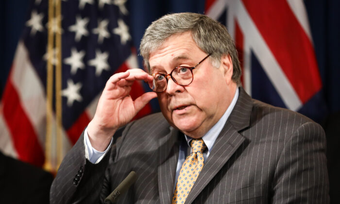 Attorney General William Barr speaks about an initiative to prevent online child sexual exploitation, at the Justice Department in Washington on March 5, 2020. (Samira Bouaou/The Epoch Times)