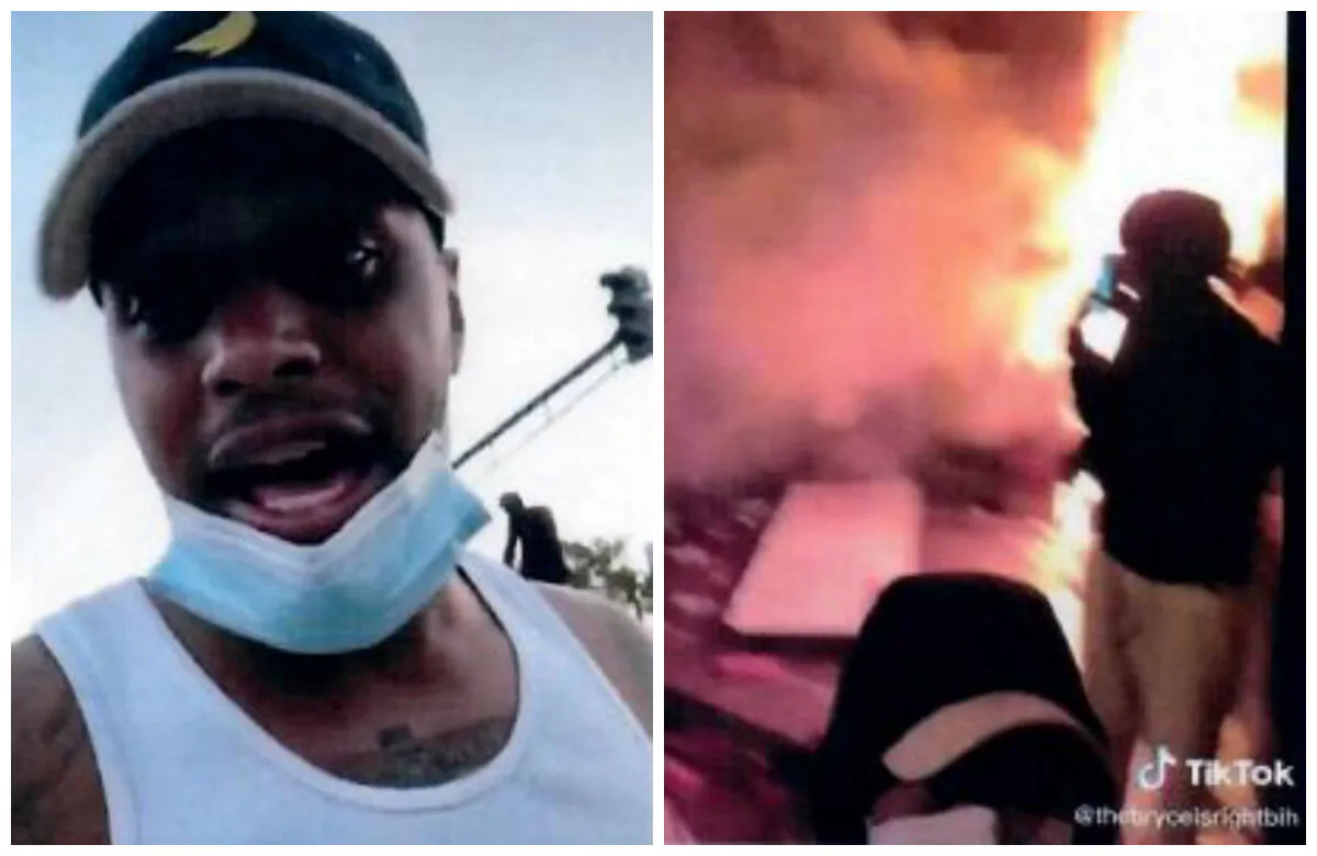Bryce Michael Williams (L) speaks during a video posted on TikTok on May 28, 2020. (R) A still image from a TikTok video posted on Williams's account shows a man watching as the Minneapolis Police Department's Third Precinct burns. (ATF)
