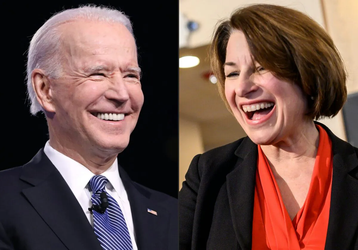 This combination of pictures created on March 2, 2020 shows
Democratic presidential hopeful former Vice President Joe Biden arriving to participate in the tenth Democratic primary debate of the 2020 presidential campaign season at the Gaillard Center in Charleston, S.C., on Feb. 25, 2020.
Democratic presidential candidate Sen. Amy Klobuchar (D-Minn.) arriving at a campaign stop in Waterloo, Iowa on Jan. 26, 2020. (Logan Cyrus and Stephen Maturen/AFP/Getty Images)