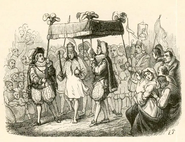 In 1849, Vilhelm Pedersen illustrated the emperor parading through the streets in his magical new "clothes" for Hans Christian Andersen's "The Emperor's New Clothes." (Public Domain)