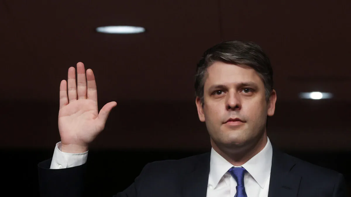 Judge Justin Walker is sworn in prior to testifying before a Senate Judiciary Committee confirmation hearing on his nomination to be a U.S. circuit judge for the District of Columbia Circuit on Capitol Hill in Washington on May 6, 2020. (Jonathan Ernst/Reuters)