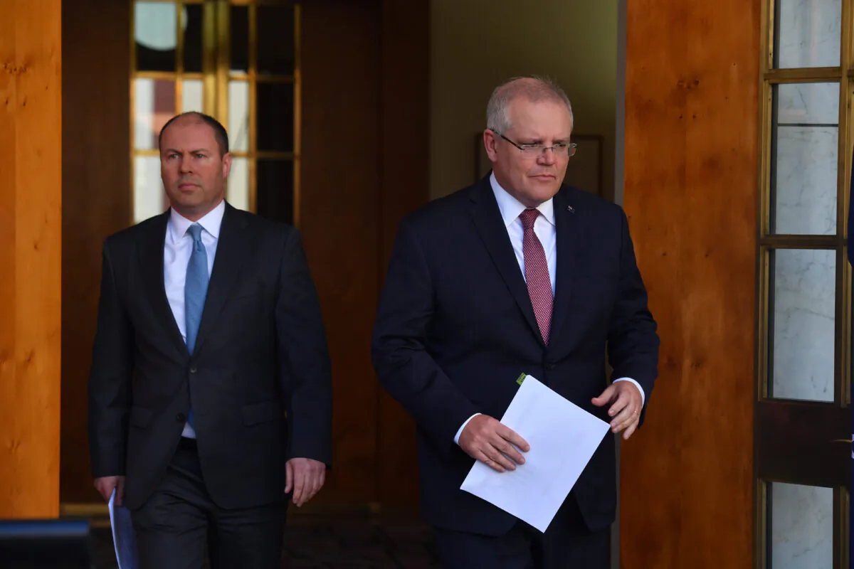Treasurer Josh Frydenberg and Prime Minister Scott Morrison during a press conference at Parliament House in Canberra, Australia, on June 18, 2020. (Sam Mooy/Getty Images)