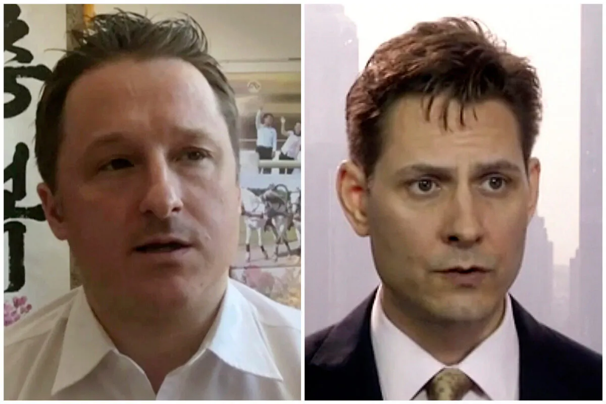 (Left) Michael Spavor, director of Paektu Cultural Exchange, during a Skype interview in Yanji, China, on March 2, 2017. (Right) Michael Kovrig, an adviser with the International Crisis Group, a Brussels-based NGO, during an interview in Hong Kong on March 28, 2018. (AP Photo)