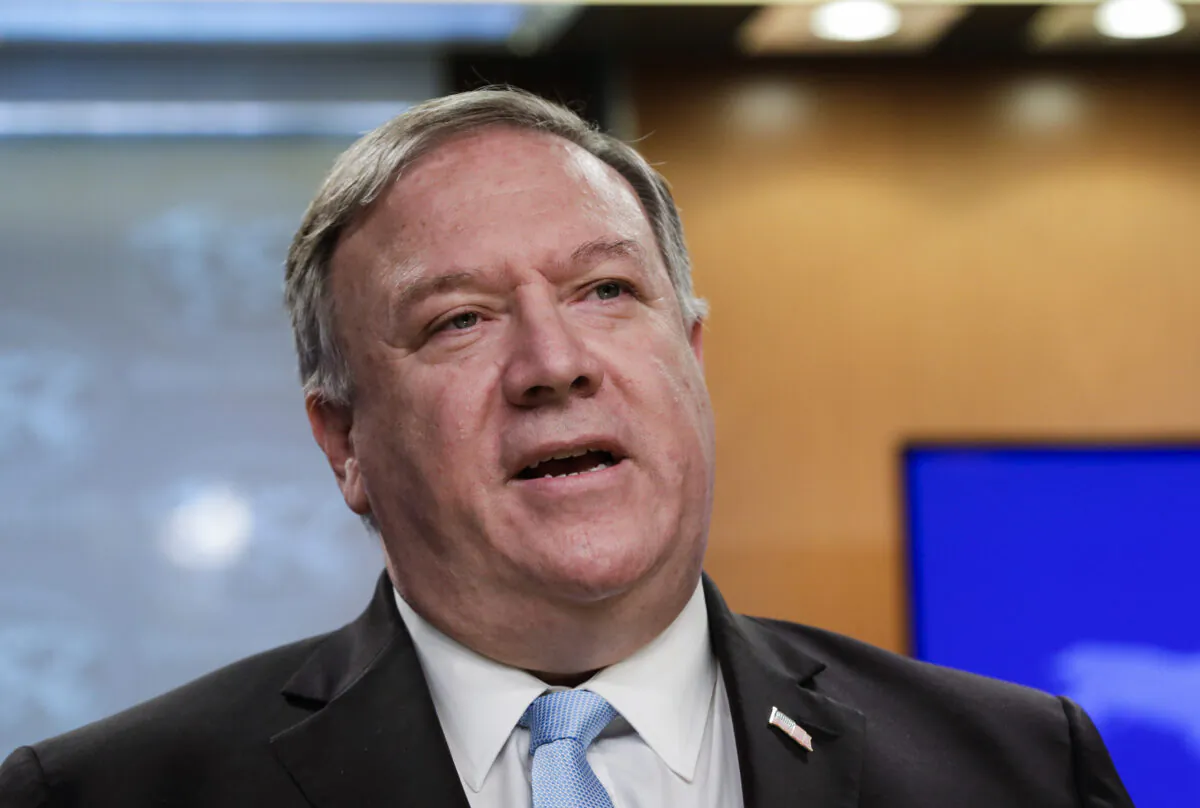 U.S. Secretary of State Mike Pompeo holds a joint news conference on the International Criminal Court at the State Department in Washington on June 11, 2020. (Yuri Gripas/POOL/AFP via Getty Images)