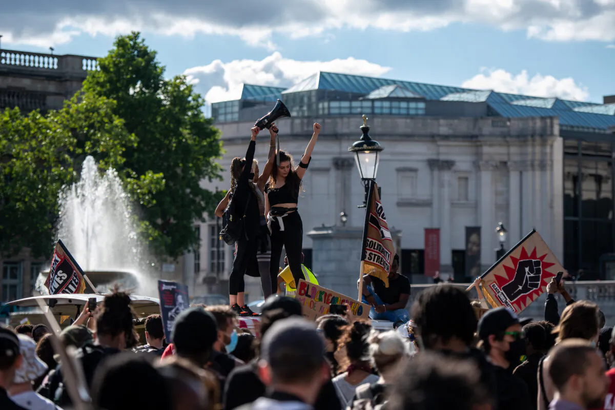 Protesters in Trafalgar Square during a Black Lives Matter demonstration on June 20, 2020 in London, UK. (Chris J Ratcliffe/Getty Images)