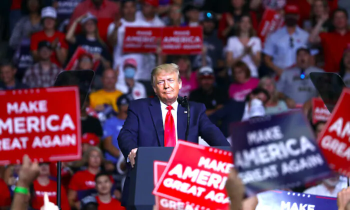 President Donald Trump at a campaign rally at the BOK Center in Tulsa, Okla., on June 20, 2020. (Charlotte Cuthbertson/The Epoch Times) 