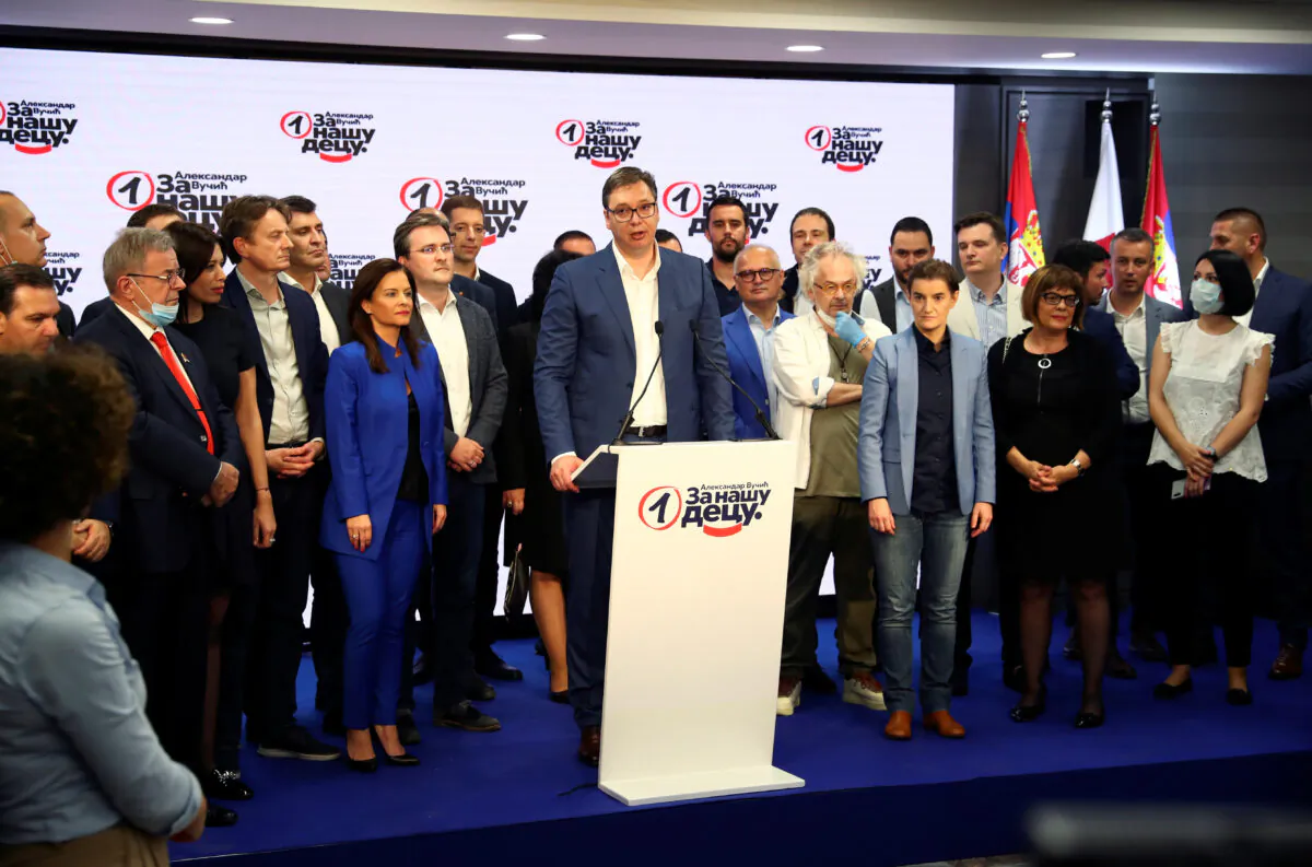Serbian President Aleksandar Vucic speaks at Serbian Progressive Party (SNS) headquarters during a national election, in Belgrade, Serbia, on June 21, 2020. (Marko Djurica/Reuters)