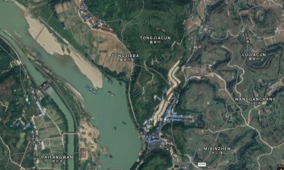 Satellite view of the Fu River in Chongqing, China. (Screenshot/Google Maps)