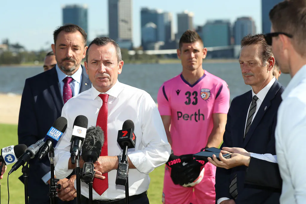 West Australian Premier Mark McGowan addresses the media during a Perth Glory media opportunity at the South Perth Foreshore on February 13, 2020 in Perth, Australia. (Paul Kane/Getty Images)