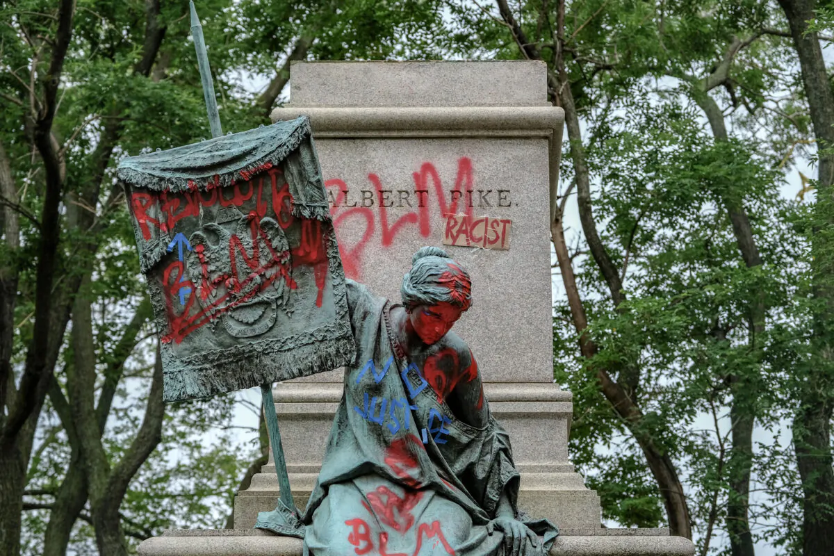 The pedestal where the statue of Confederate General Albert Pike remains empty after it was toppled by vandals at Judiciary Square in Washington on June 20, 2020. (Alex Wroblewski/Getty Images)