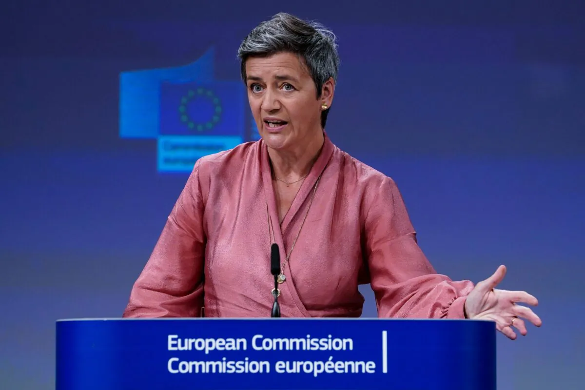 European Union Commission Executive Vice President Margrethe Vestager talks during a video press conference at the European Commission in Brussels on June 17, 2020. (KENZO TRIBOUILLARD/POOL/AFP via Getty Images)