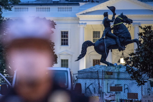 The equestrian statue of former U.S. President General Andrew Jackson has ropes and chains still hanging