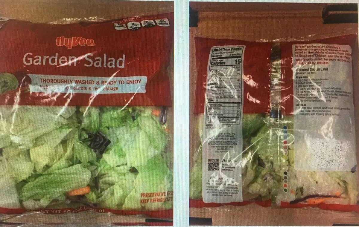 Hy-Vee Farms Garden Salad Mix recalled from the stores after an outbreak of diarrhea-causing microscopic parasite. (Courtesy of the FDA)