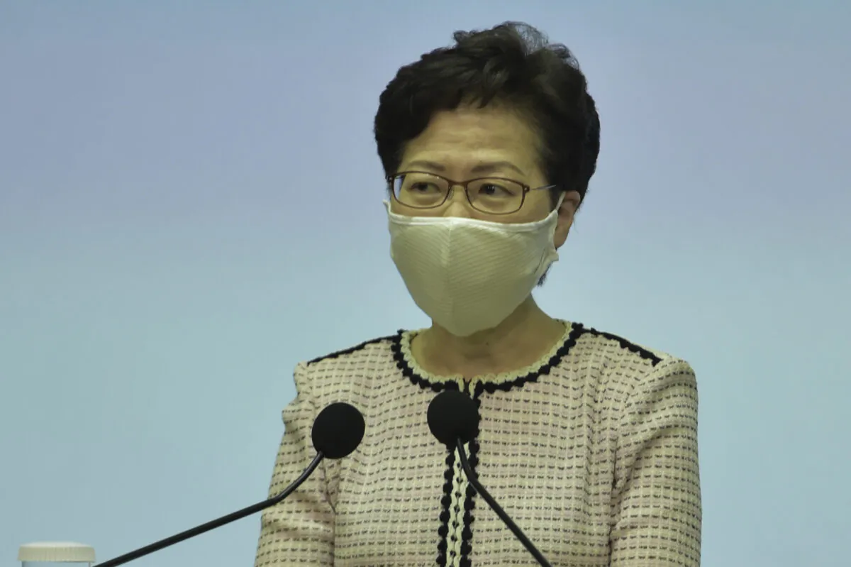 Hong Kong leader Carrie Lam speaks during her weekly press conference in Hong Kong on June 23, 2020. (Bill Cox/The Epoch Times)