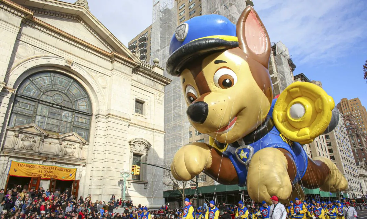 A Paw Patrol balloon of the character Chase floats during the annual Macy's Thanksgiving parade in New York City on Nov. 28, 2019. (Kena Betancur/Getty Images)