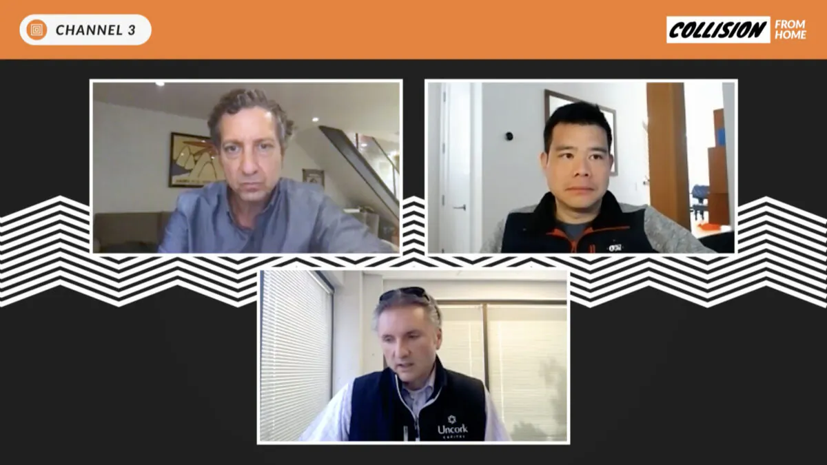 Caleb Silver, editor-in-chief at Investopedia (L), Wesley Chan, managing director at Felicis Ventures (R), and Jeff Clavier, founder and managing partner at Uncork Capital discuss the state of the venture capital nation at the Collision from Home virtual technology conference on June 23, 2020 hosted in Toronto. (Collision from Home screenshot)