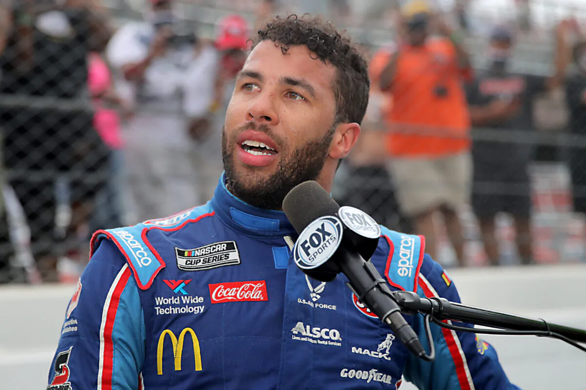 Bubba Wallace, driver of the #43 Victory Junction Chevrolet, speaks to the media after the NASCAR Cup Series GEICO 500 at Talladega Superspeedway in Talladega, Ala., on June 22, 2020. (Chris Graythen/Getty Images)