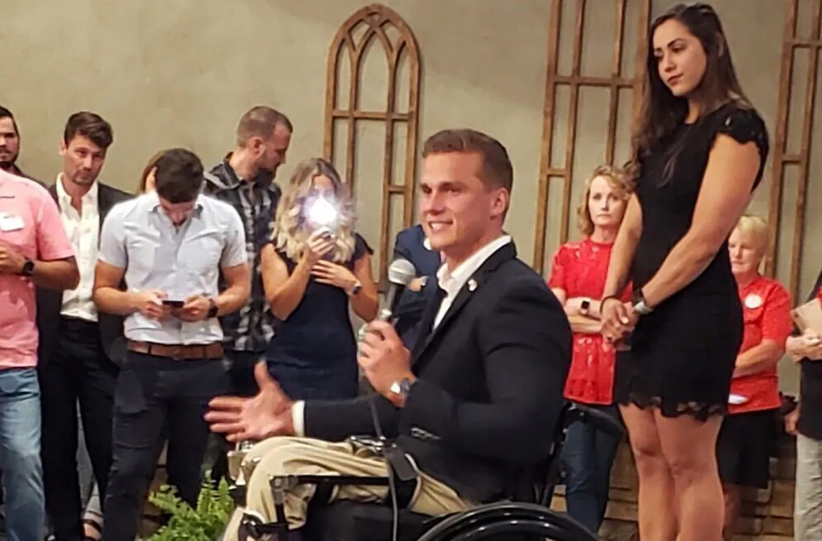 Madison Cawthorn speaks to supporters in Hendersonville, N.C., on June 23, 2020. (Patrick Sebastian/Cawthorn Campaign via AP)