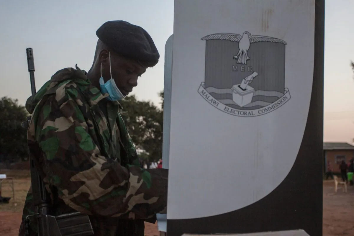 A soldier votes at a polling booth during the presidential elections at the Malembo polling station in Lilongwe on June 23, 2020. (Amos Gumulira/AFP via Getty Images)
