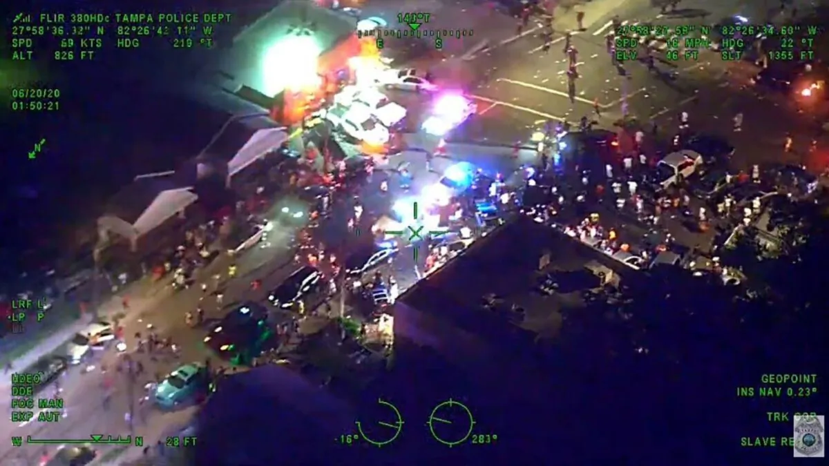 Police officers are surrounded after responding to a reported shooting that turned out to be a false report, according to police officers, in Tampa, Fla., early June June 20, 2020. (Tampa Police Department)