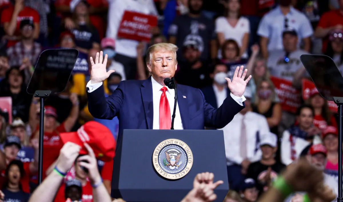 President Donald Trump at a campaign rally in the BOK Center in Tulsa, Okla., on June 19, 2020. (Charlotte Cuthbertson/The Epoch Times)
