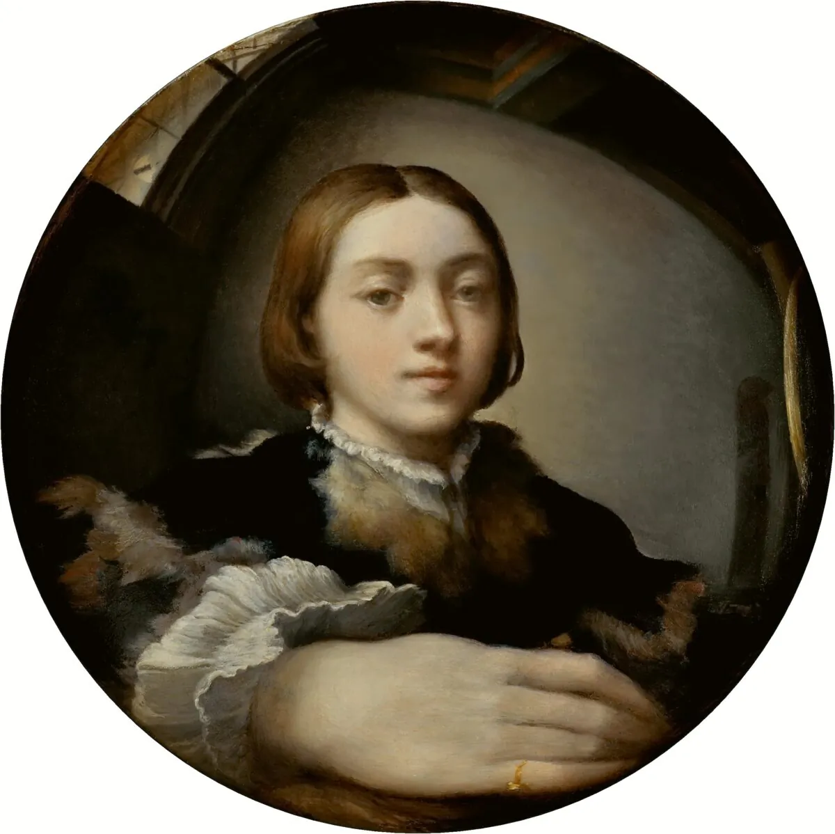 “Self-Portrait in a Convex Mirror” circa 1523–1524, by Parmigianino. Oil on poplar panel, 9.6 inch diameter. Museum of Fine Arts, Vienna, Austria. (Public Domain)