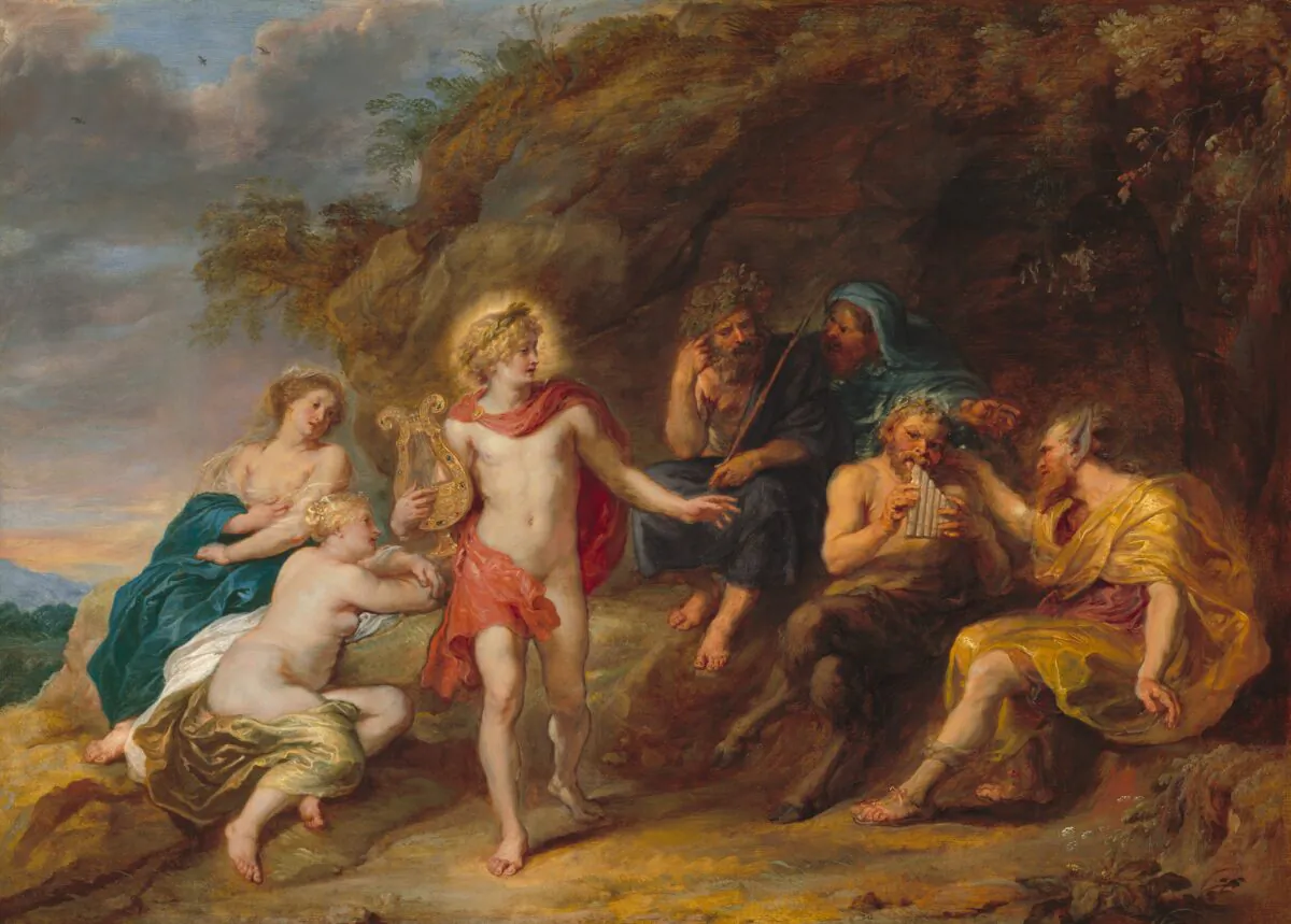 Things did not turn out well for Midas. Apollo in a red cloak, the god of music, gestures to Midas, the king of Phyrigia. Midas, with donkey's ears, in “The Judgment of Midas,”circa 1640, by Jan van den Hoecke. Corcoran Collection (William A. Clark Collection). (Public Domain)