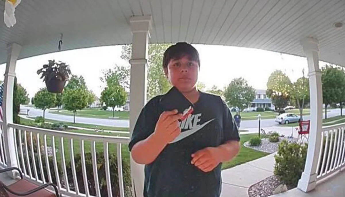 A door cam shot shows 11-year old Vince Hietpas ringing the Dahlkes' doorbell. (Courtesy of Michelle Dahlke)