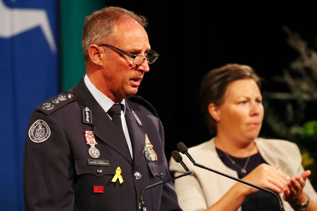 Chief Officer of the CFA Steve Warrington speaks during the State Commemoration for the 10 year anniversary of the 2009 Victorian bushfires on February 04, 2019 in Melbourne, Australia. (Michael Dodge/Getty Images)