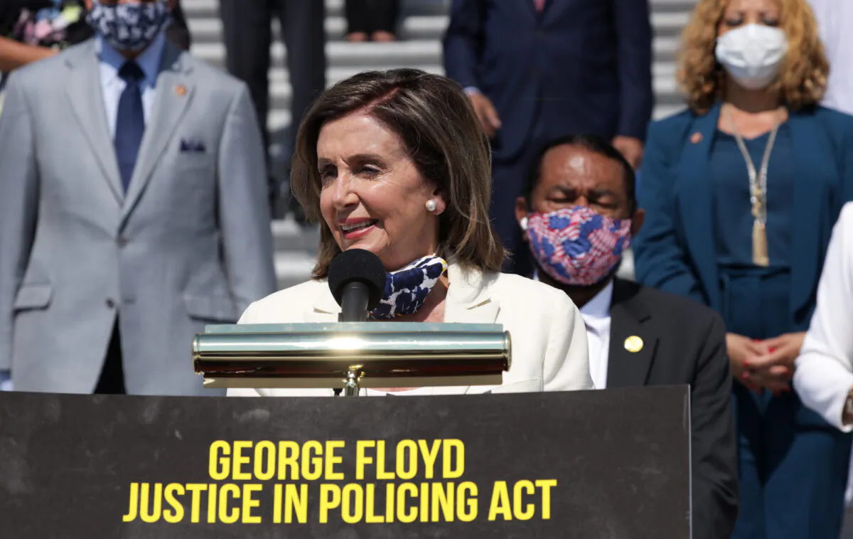 House Speaker Rep. Nancy Pelosi (D-Calif.) speaks during an event on police reform at the east front of the U.S. Capitol in Washington, D.C. on June 25, 2020. (Alex Wong/Getty Images)