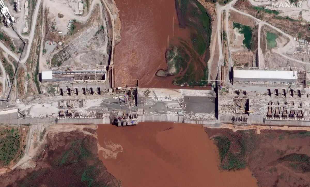 Satellite image taken Thursday, May 28, 2020, shows the Grand Ethiopian Renaissance Dam on the Blue Nile river in the Benishangul-Gumuz region of Ethiopia.(Maxar Technologies via AP, File)