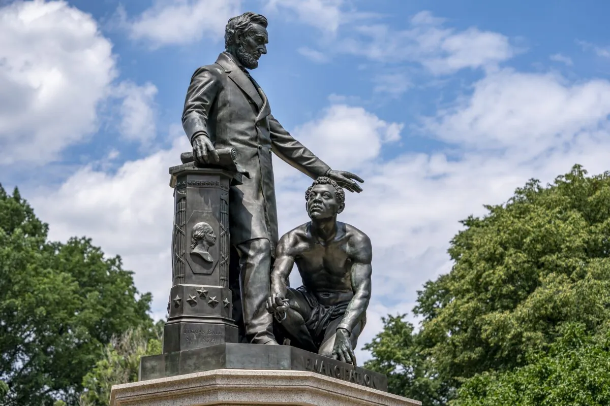 The Emancipation Memorial in Washington's Lincoln Park depicts a freed slave kneeling at the feet of President Abraham Lincoln, June 25, 2020. (J. Scott Applewhite/AP Photo)